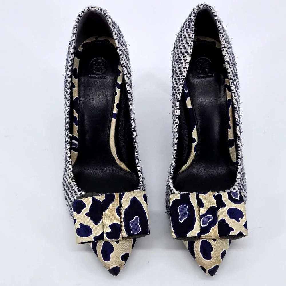 Tory Burch Cleo Tweed Leopard Silk Bow Pointed Toe Stiletto Pumps Heels 7M 3.5